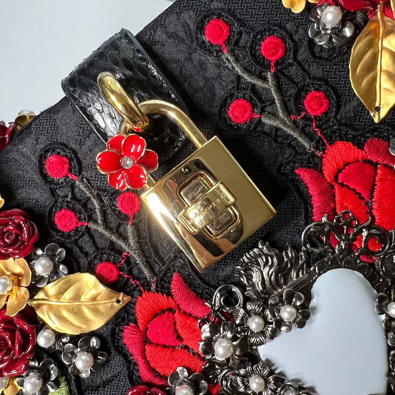 Dolce & Gabbana *Rare* Black Sacred Heart & Carnation Embroidered Box Bag