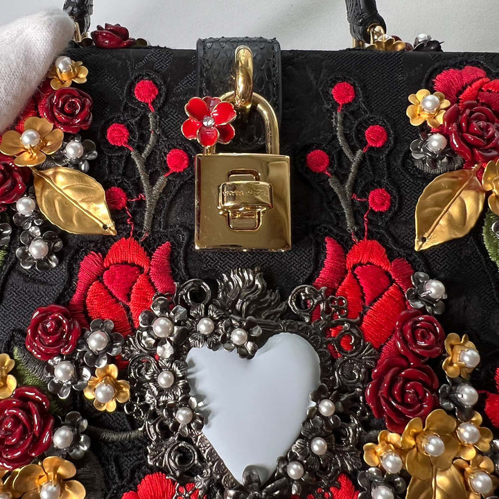 Dolce & Gabbana *Rare* Black Sacred Heart & Roses Embroidered Box Bag