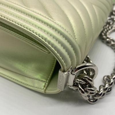 Chanel Boy Metallic Green Chevron Quilted Flap Bag