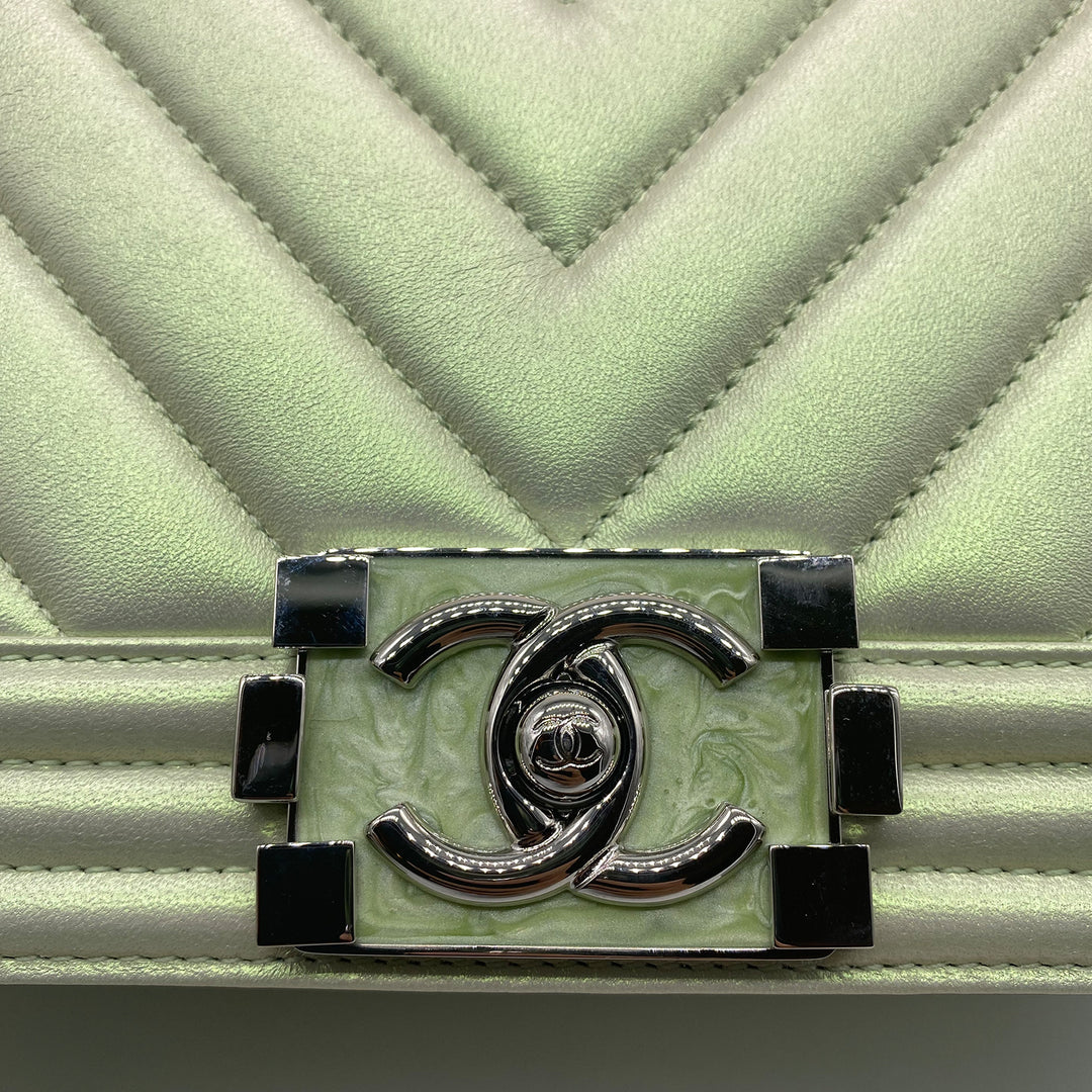 Chanel Boy Metallic Green Chevron Quilted Flap Bag
