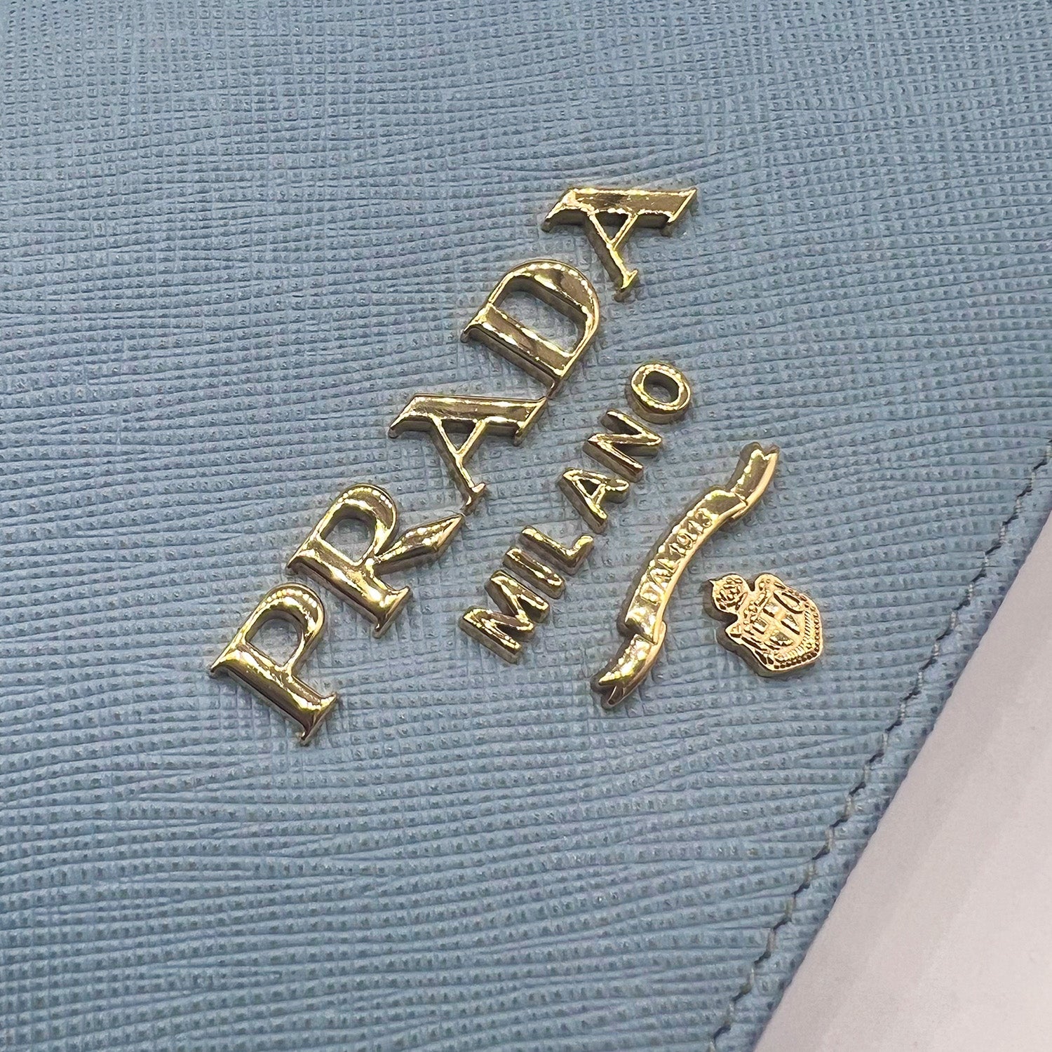 Prada Logo plaque Blue Saffiano Leather Mini Bag With Gold Chain