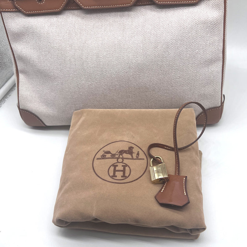Hermes HAC Birkin Bag Toile and Fauve Barenia with Gold Hardware 32 at  1stDibs