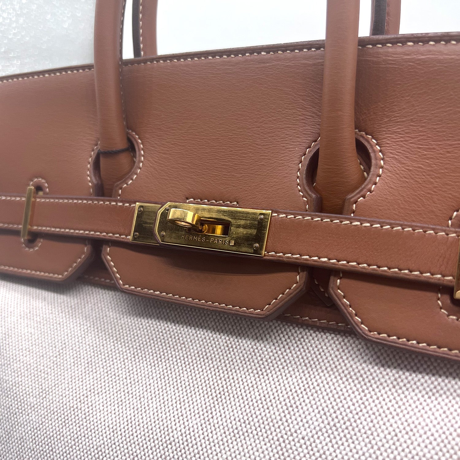 Hermes HAC Birkin Bag Toile and Fauve Barenia with Gold Hardware 32 at  1stDibs