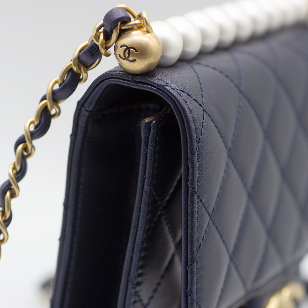 Chanel Navy Chic Pearls Small Flap Bag In Leather With Gold Hardware