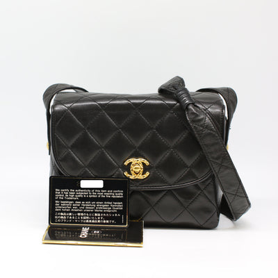 Chanel *Ultra Rare* Vintage Black Lambskin Square Bag In Leather Strap Shoulder Bag GHW