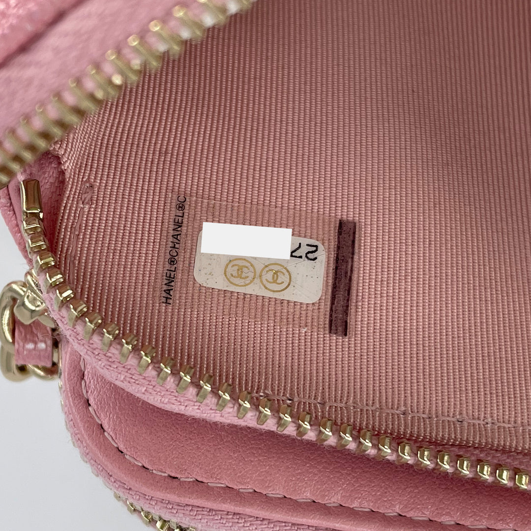 Chanel Iridescent Pearly Pink Caviar Phone Clutch on Chain Detachable Strap Light Gold Hardware