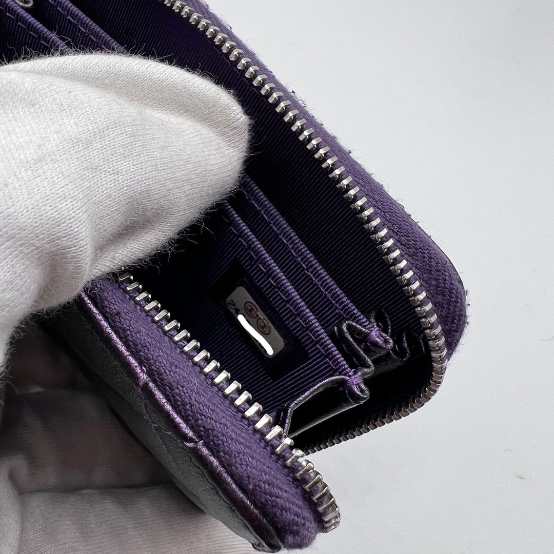 Chanel Metallic Purple Lambskin Quilted Zip Around Coin Purse Wallet